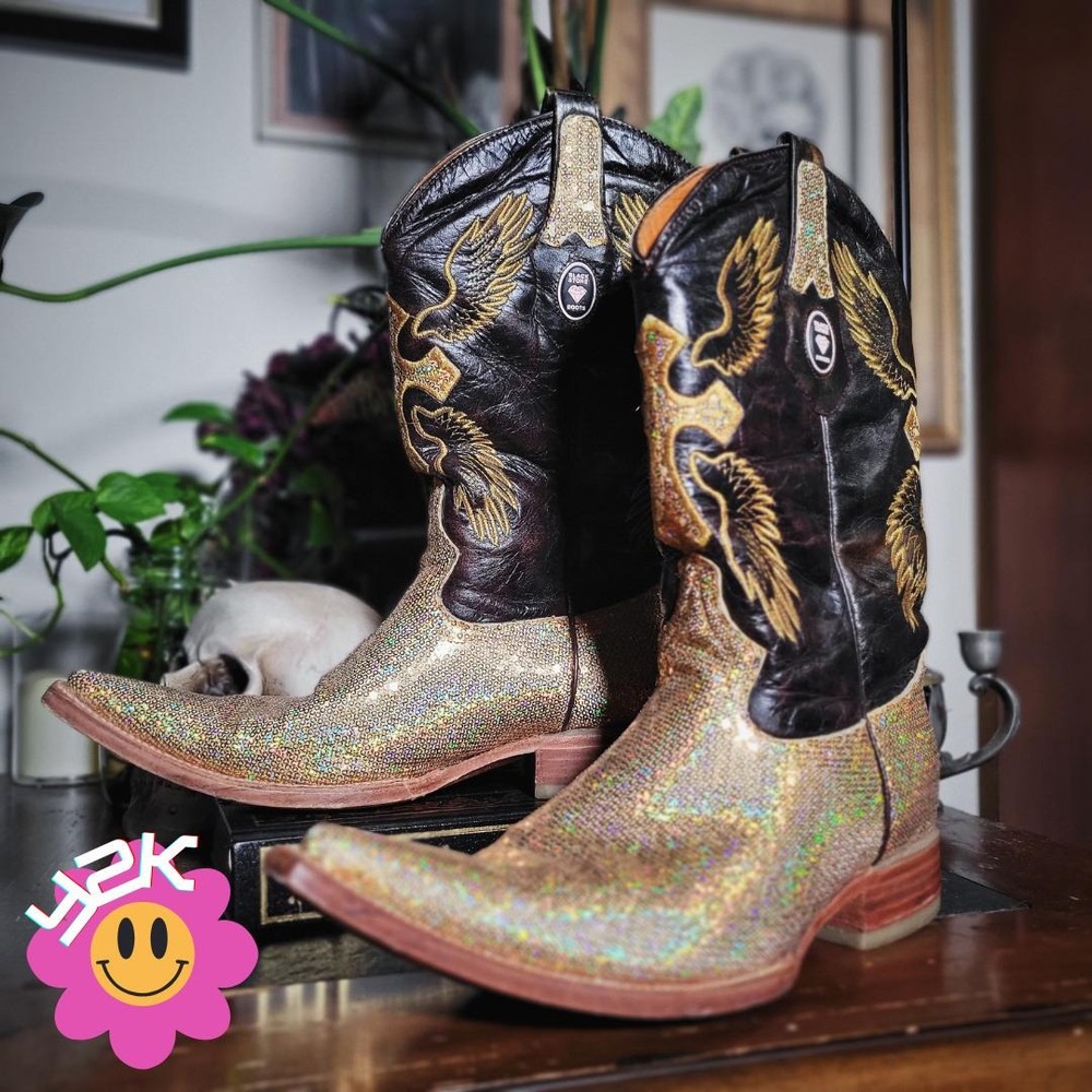 Vintage Y2K Black Stone Cowboy Boots Eagle Sequin Western Mexico Leather Mens 11